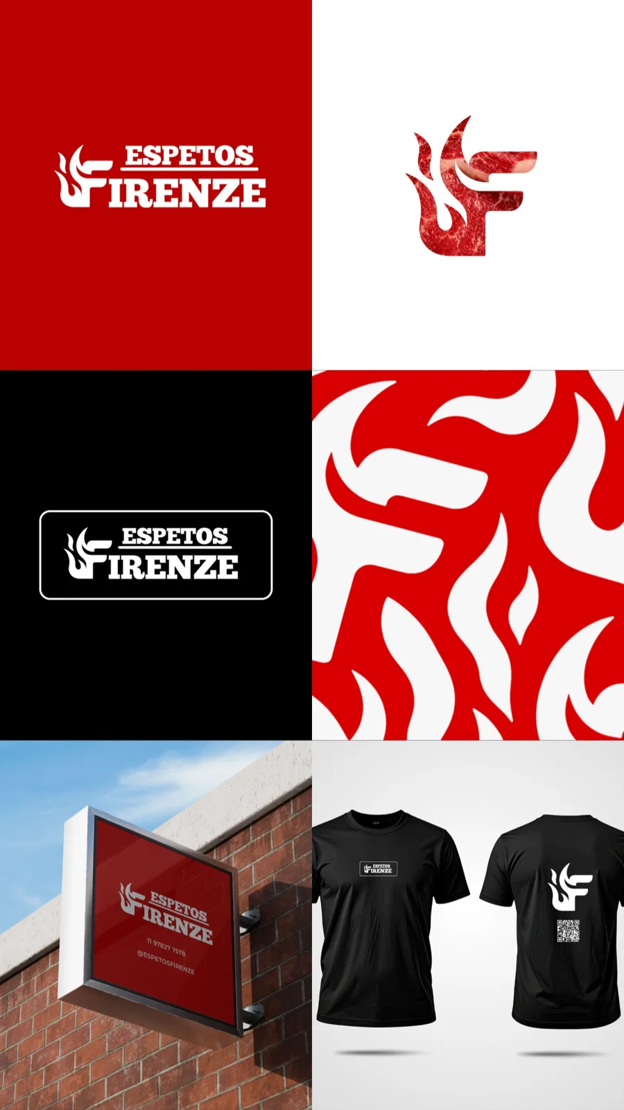 Identidade visual do Espetos Firenze aplicada a fachada e uniformes